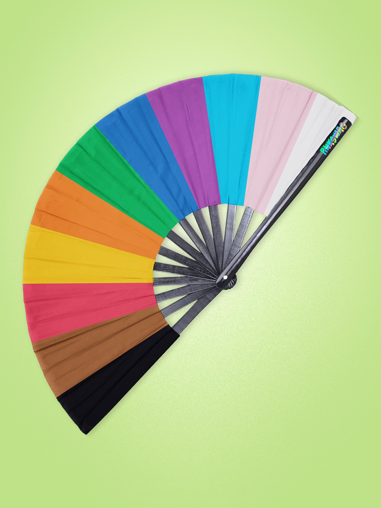 Color swatch fan with various colors on a green background