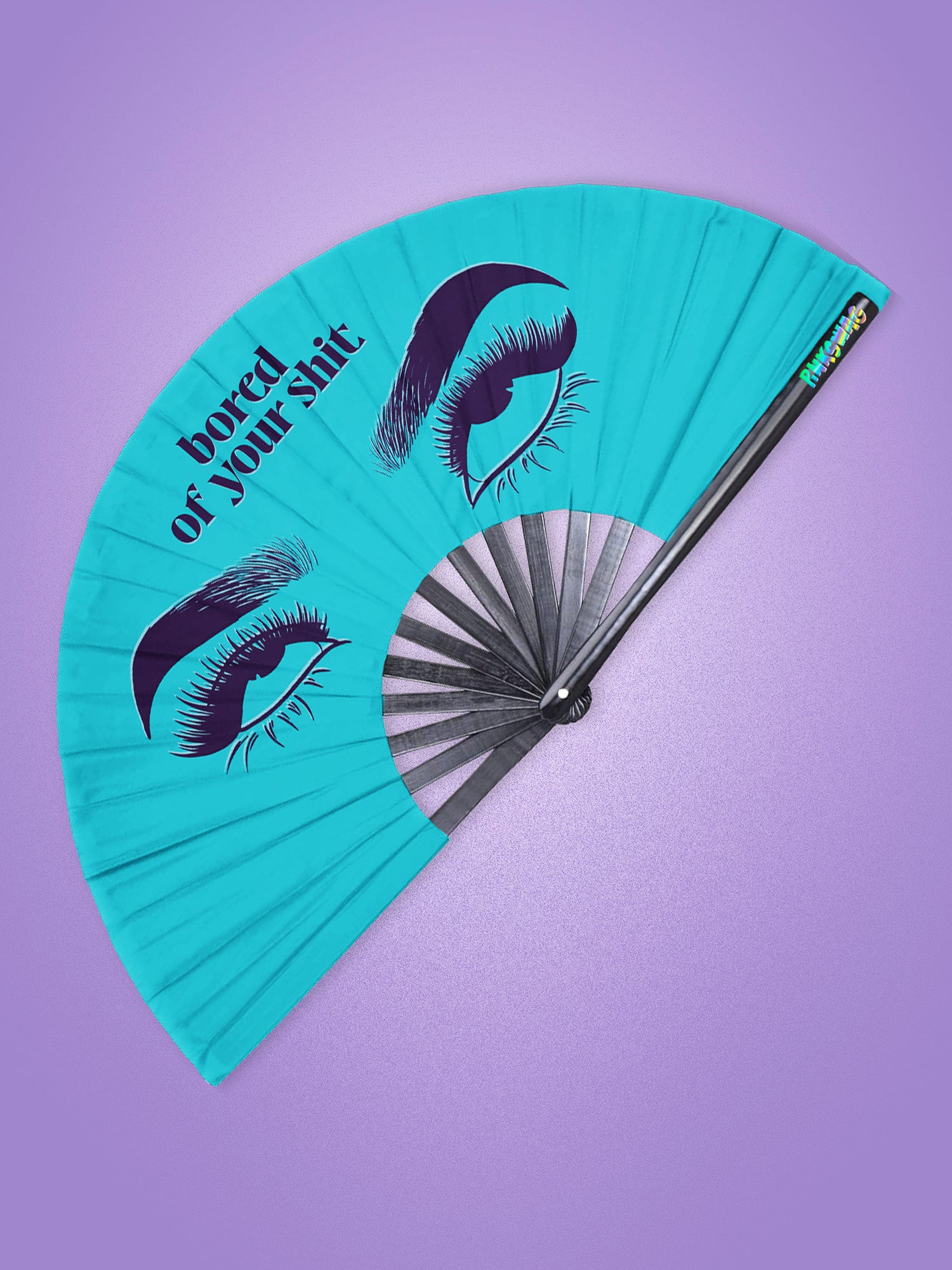 Turquoise fan with eye designs and text on a purple background