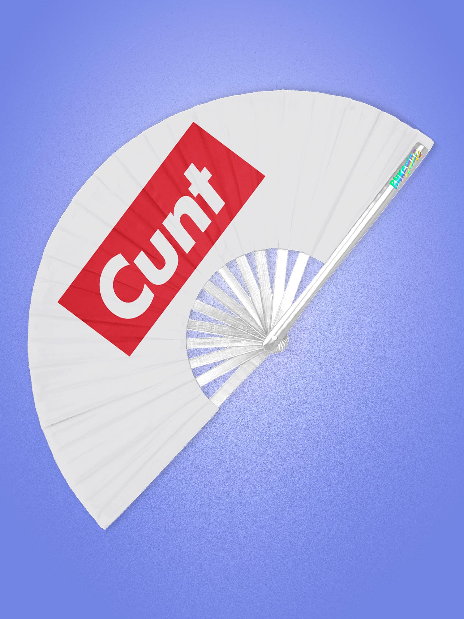 White hand fan with a red square featuring the word 'Cunt' on a blue background