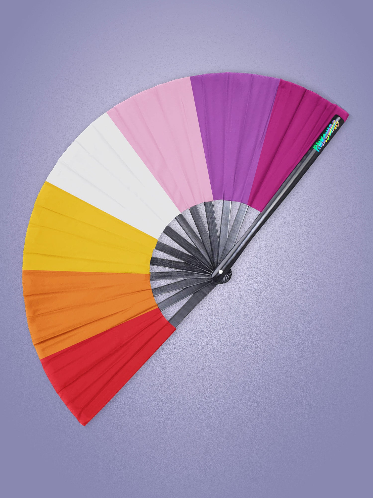 Colorful folding fan with a gradient of colors on a purple background