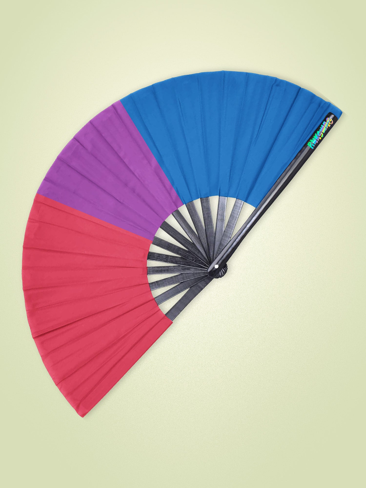 Colorful fan with blue, purple, red, and black sections on a beige background
