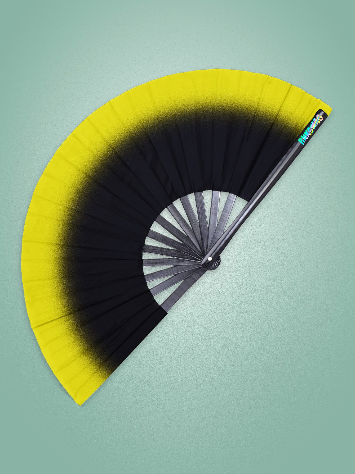 yellow and black desing on a hand fan with a blue backround