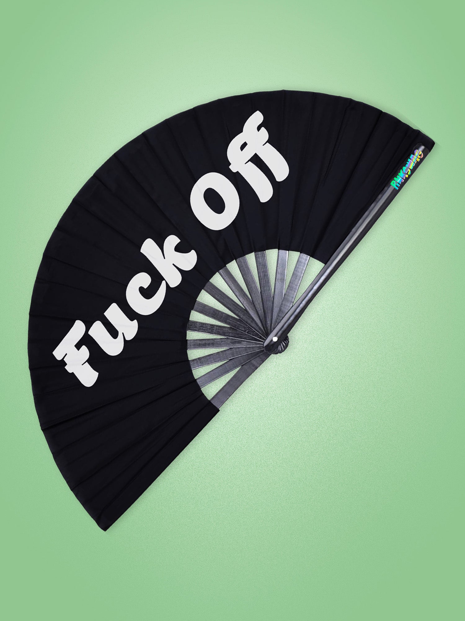 Black fan with 'Fuck off' text on a green background