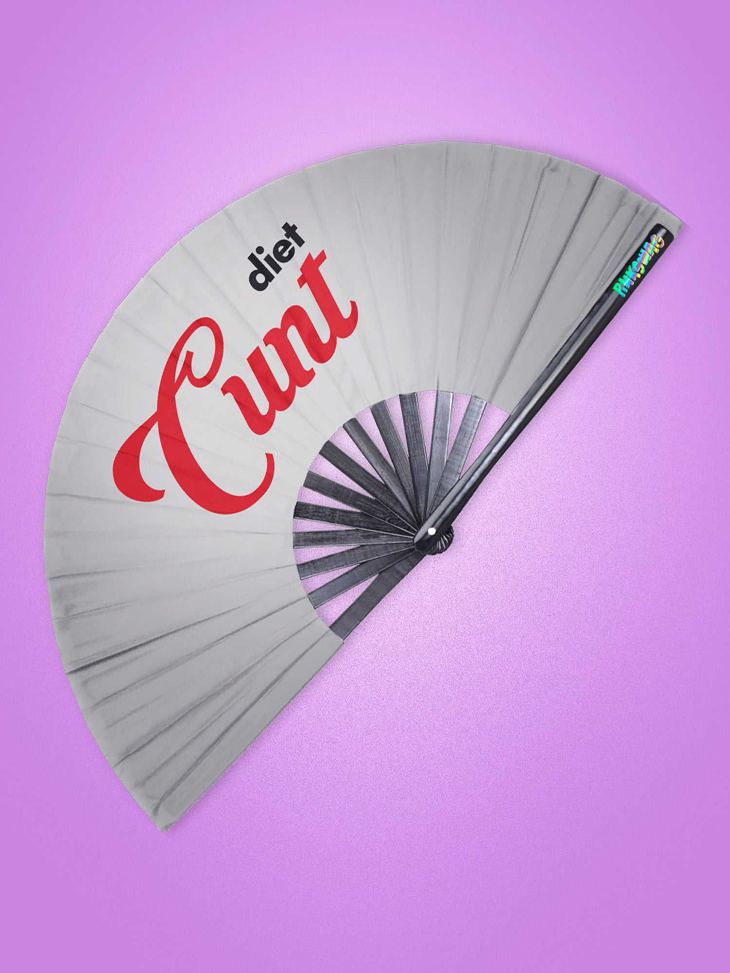 Hand fan with 'diet Cunt' text on a purple background