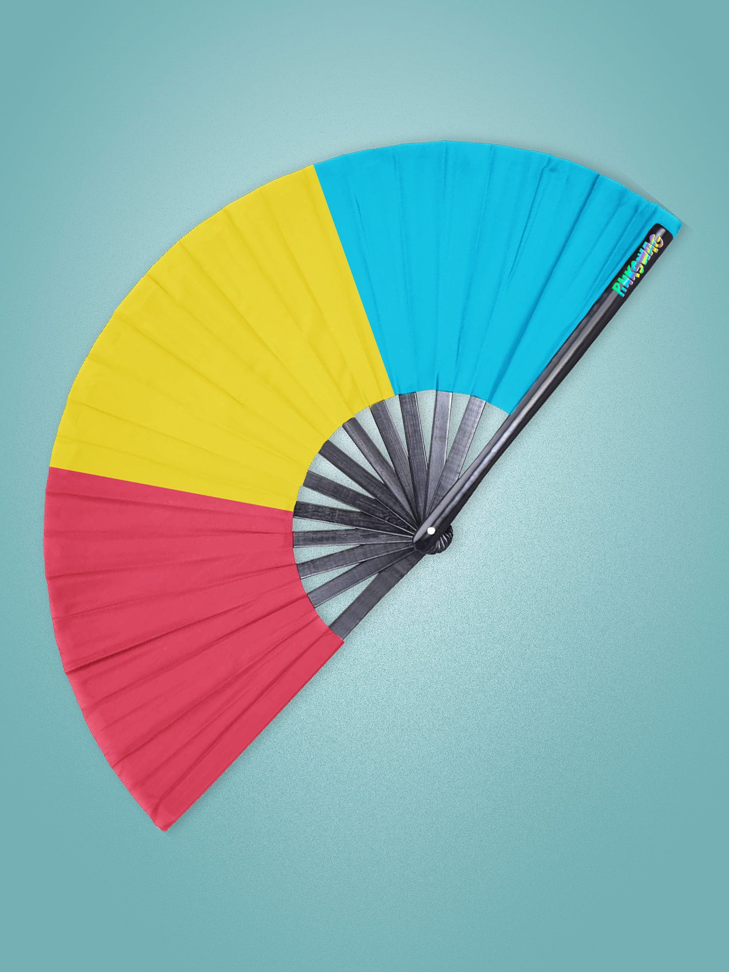 Colorful fan with yellow, blue, red, and black sections on a light blue background