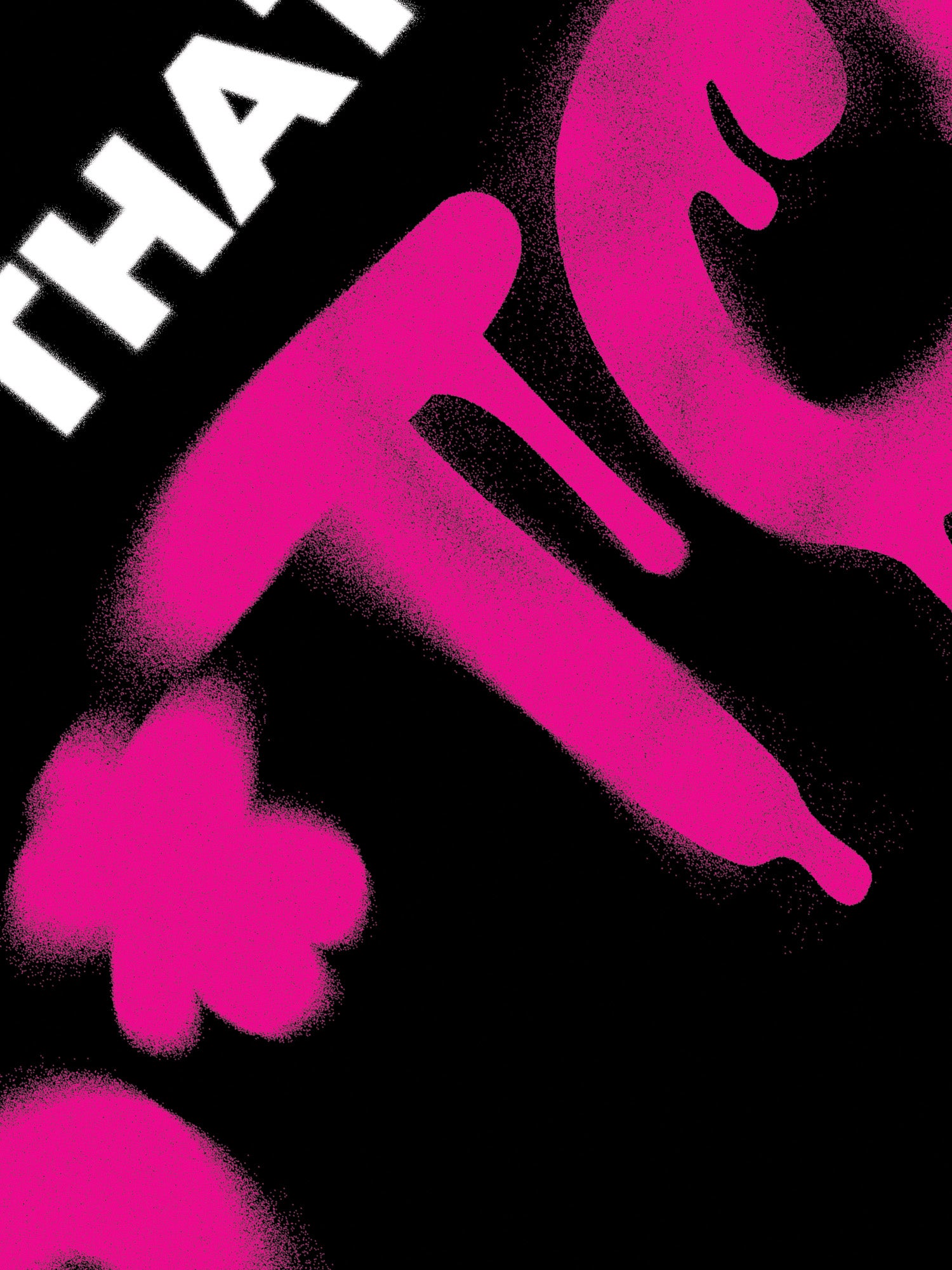 Black background with pink spray-paint-style text and symbols