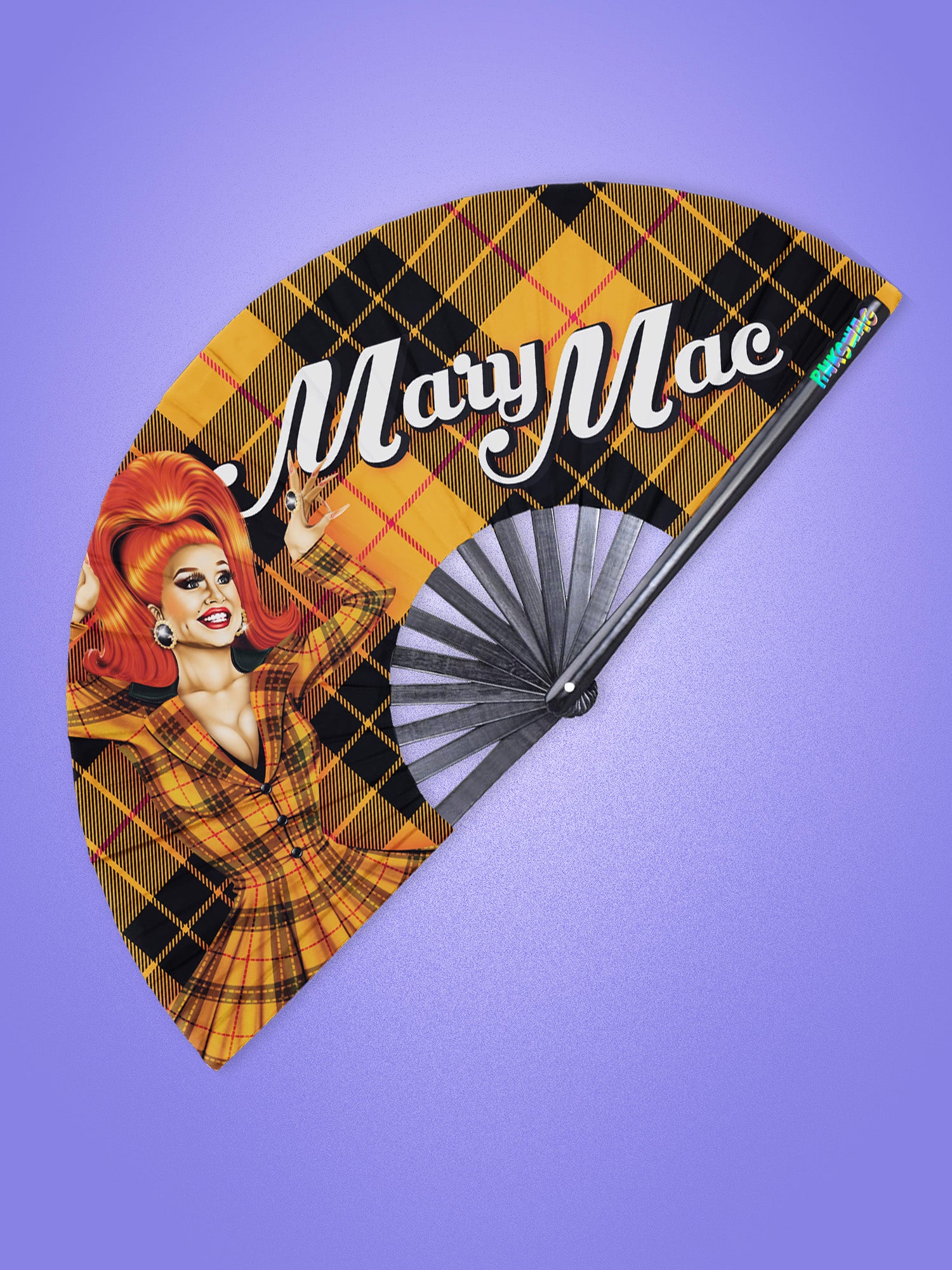 Plaid fan with a portrait of a person and 'Mary Mac' text on a purple background
