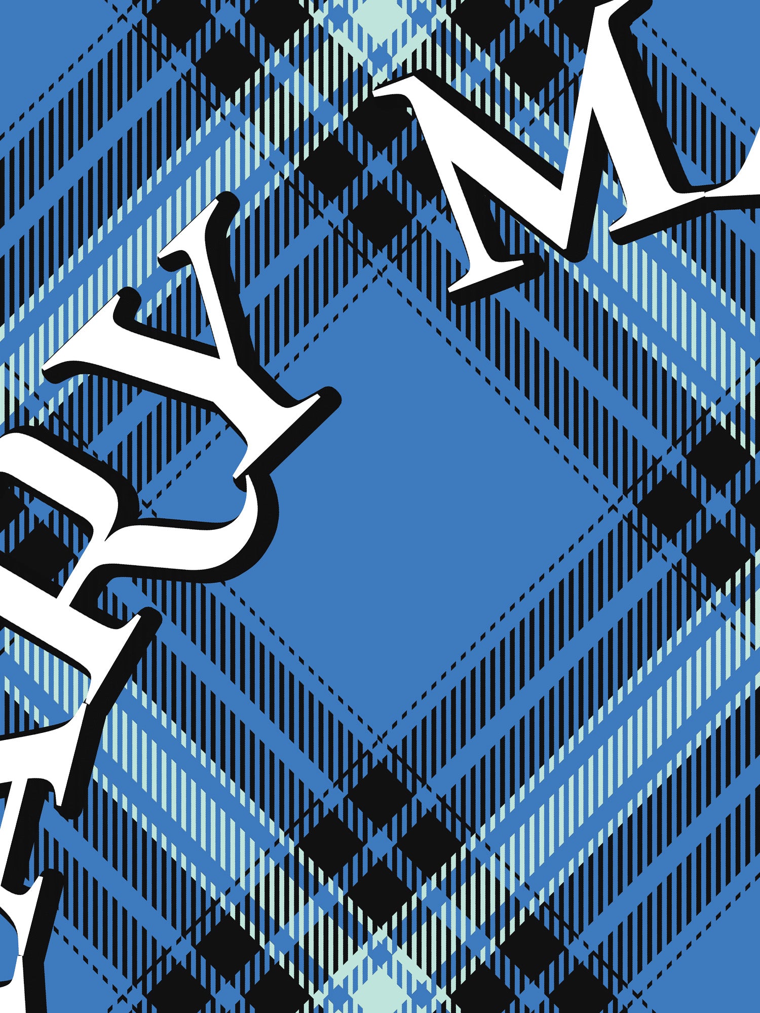 Blue and black plaid pattern with 'MARY MAC' text on a blue background