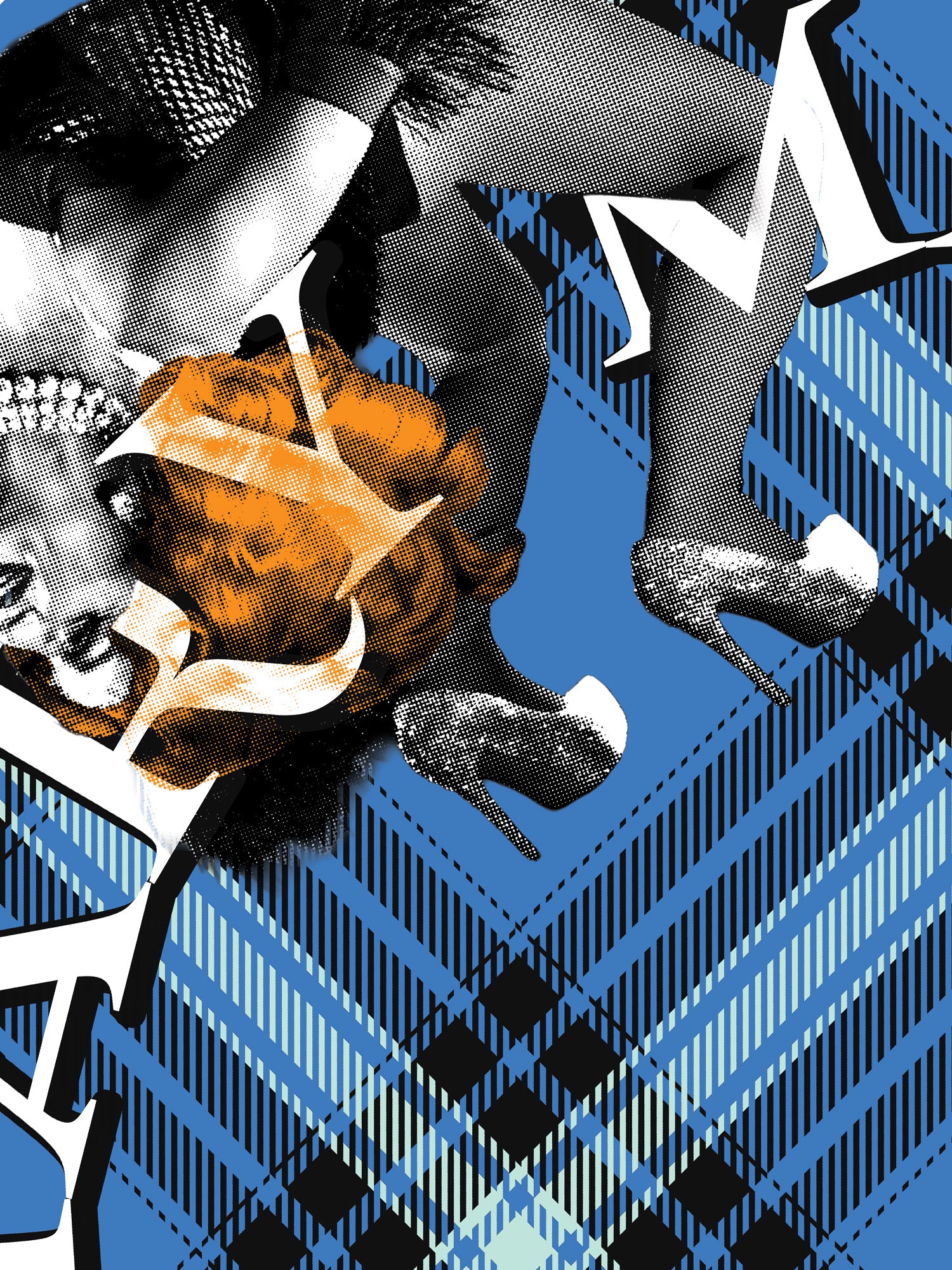 Collage of a person in high heels with abstract patterns and text on a blue background