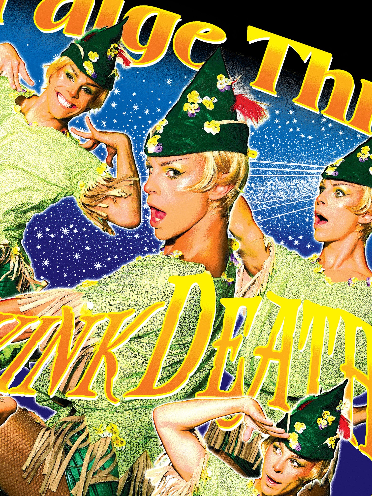 Vintage-style poster with three women in green outfits and festive hats against a colorful background. Paige Three from BBC RuPaul's Drag Race UK Season 7