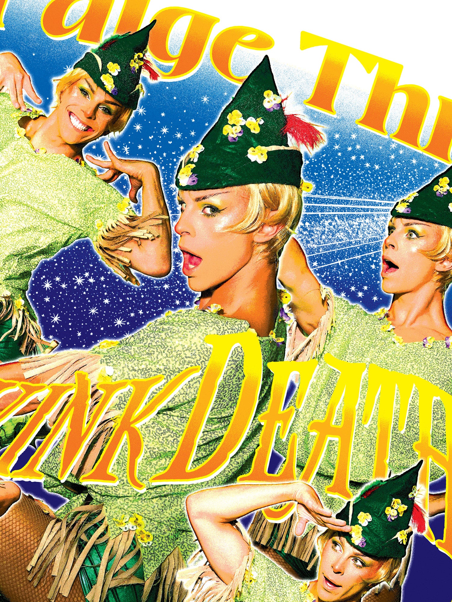 Vintage movie poster with characters in green outfits and festive hats against a colorful background. Paige Three from BBC RuPaul's Drag Race UK Season 7