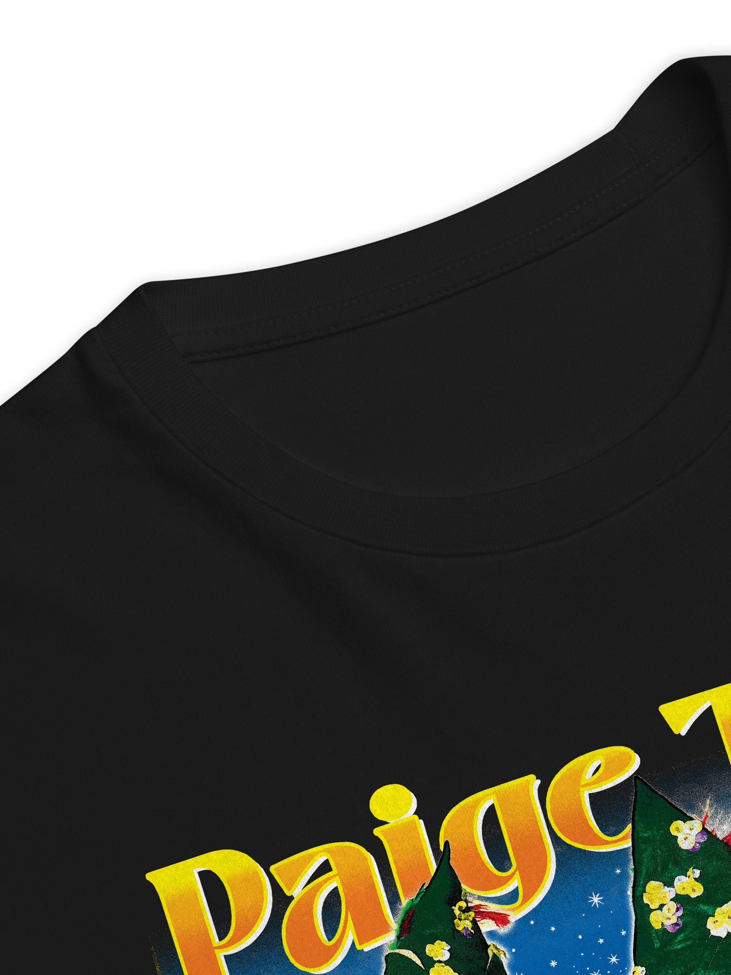 Black t-shirt with colorful text and graphics on a white background. Paige Three from BBC RuPaul's Drag Race UK Season 7