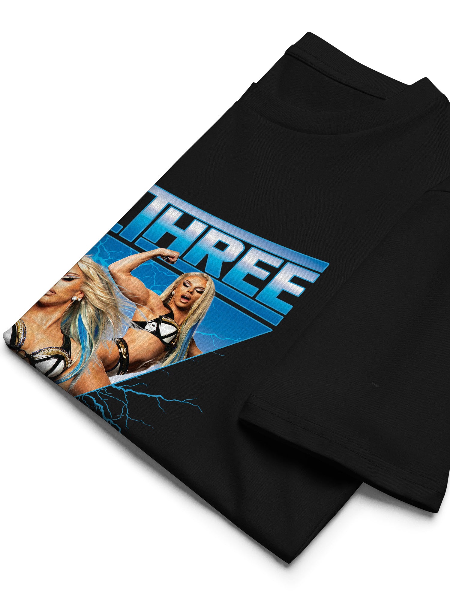 Black sweatshirt with graphic design of a woman and the number 'THREE' on a white background Paige Three from BBC RuPaul's Drag Race UK Season 7