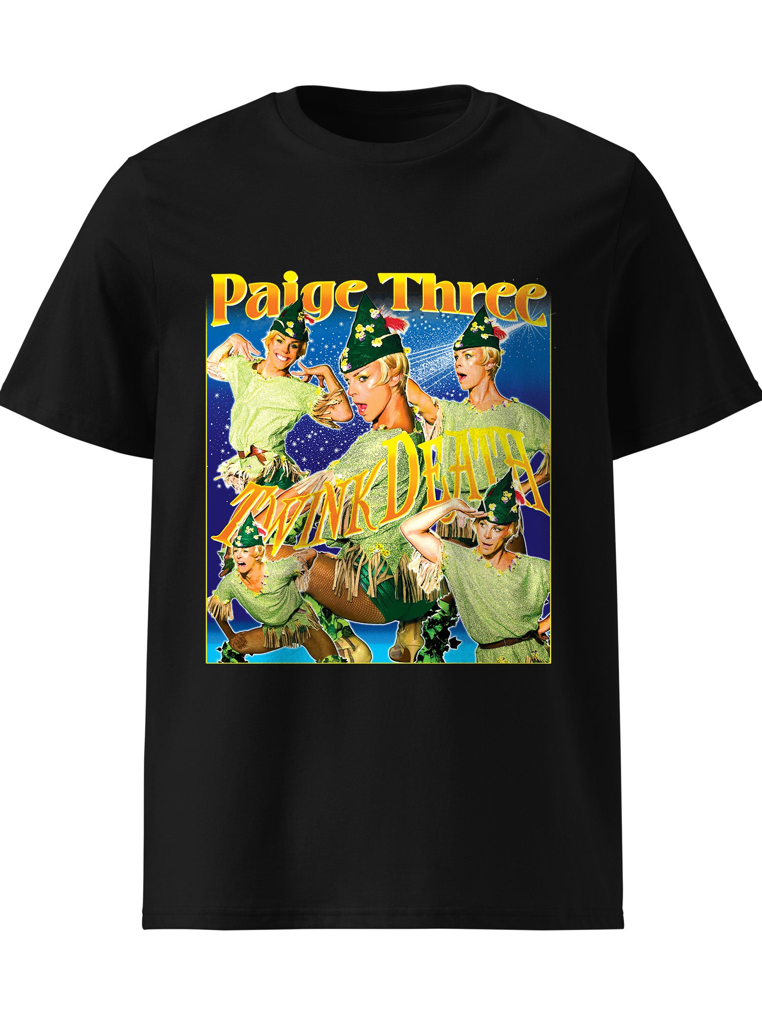 Black t-shirt with a colorful graphic design featuring three figures in green costumes and hats on a blue background. Paige Three from BBC RuPaul's Drag Race UK Season 7