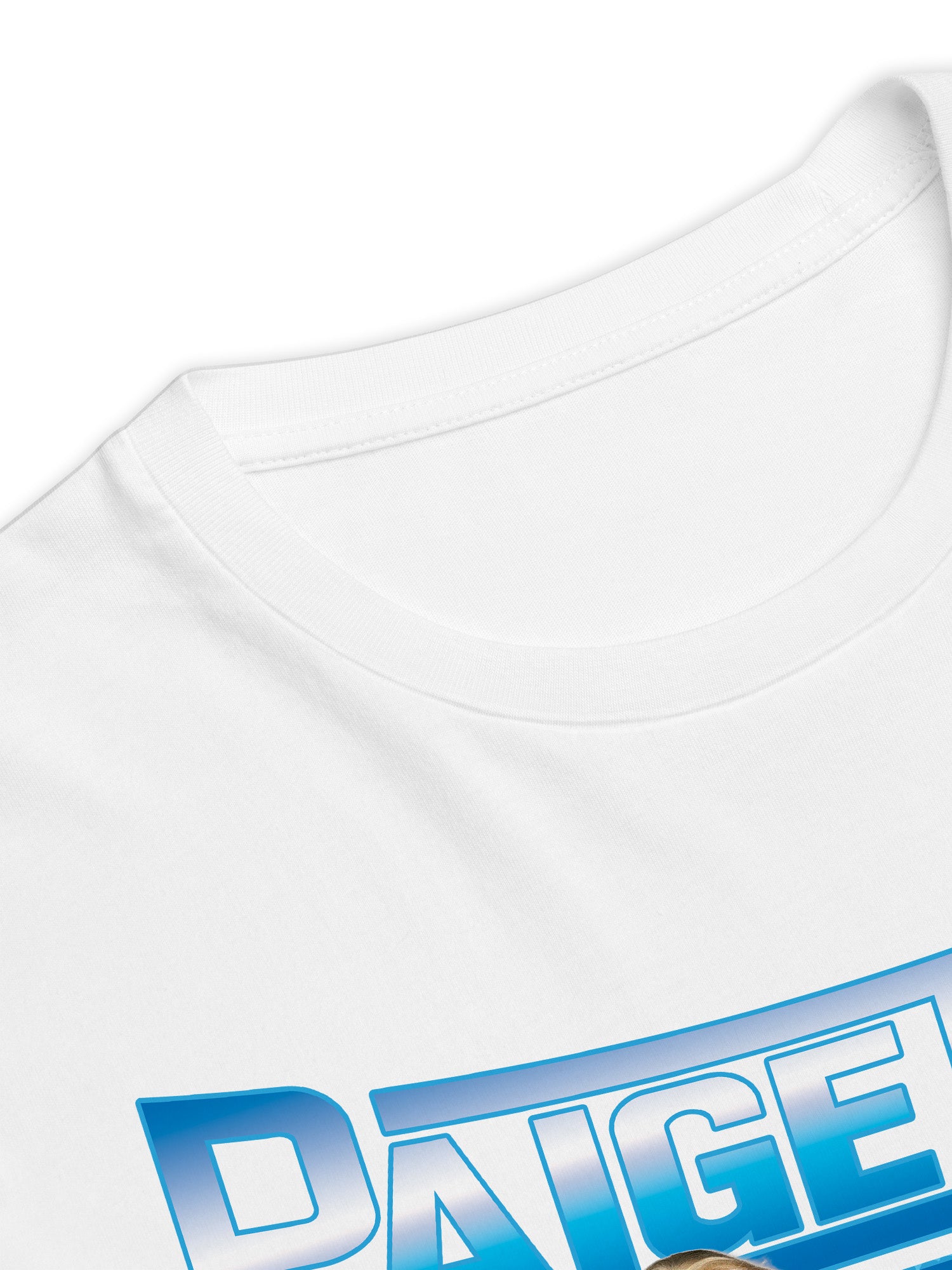 White t-shirt with blue and white 'PAIGE THREE' logo on a white background. Paige Three from BBC RuPaul's Drag Race UK Season 7