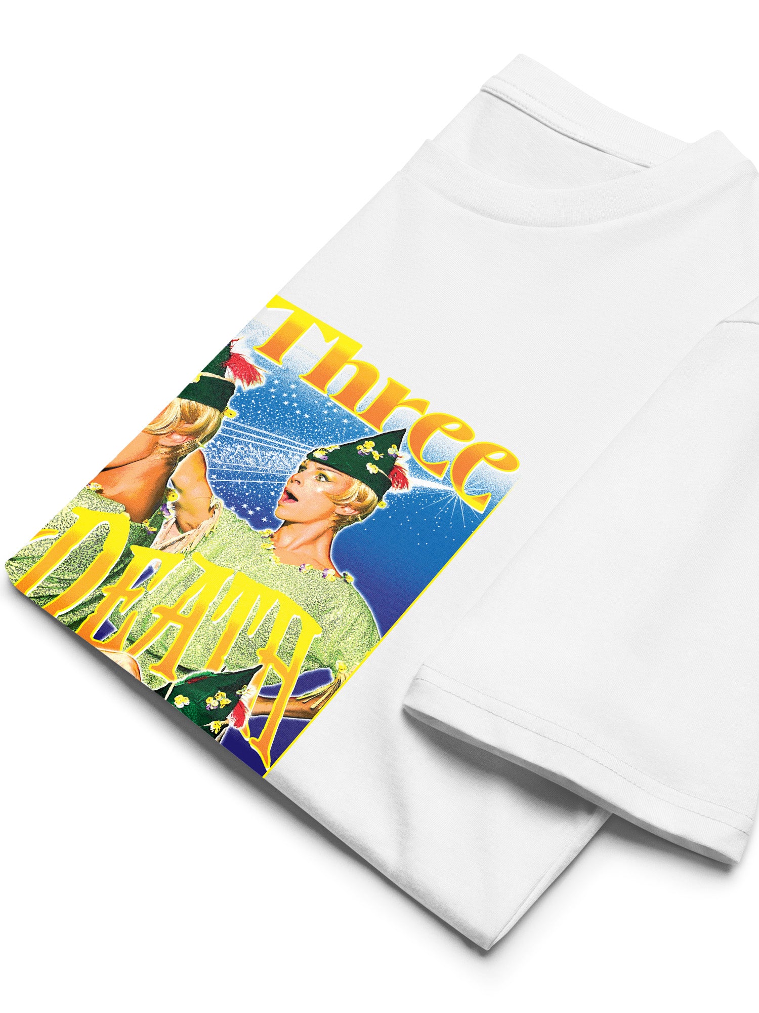 T-Shirt with a colorful design featuring a character and text, placed on a white surface. Paige Three from BBC RuPaul's Drag Race UK Season 7