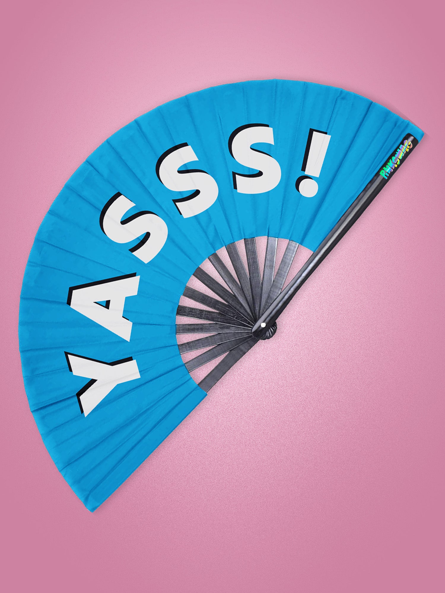 Blue fan with 'YASSS!' text on a pink background